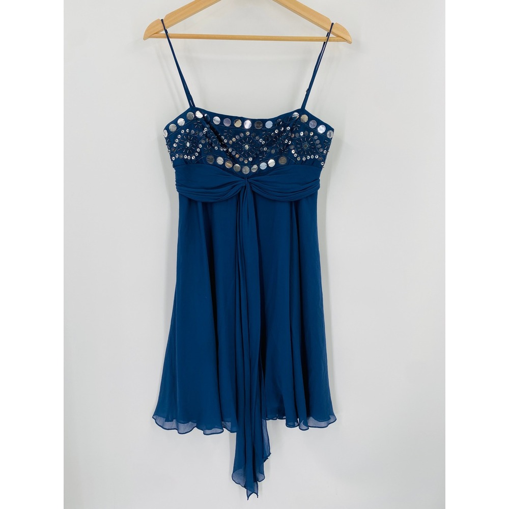 BCBGMAXAZRIA Y2K Cocktail Dress 2 Blue Silk Beaded Sequin Empire Waist Mini